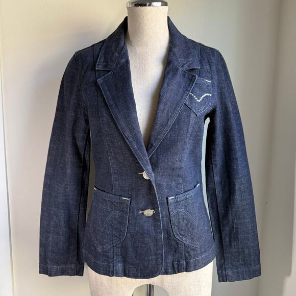 Levi’s Denim Blazer Y2K Vintage Jean Jacket Silver Detail Women’s Small Bling - Picture 3 of 14